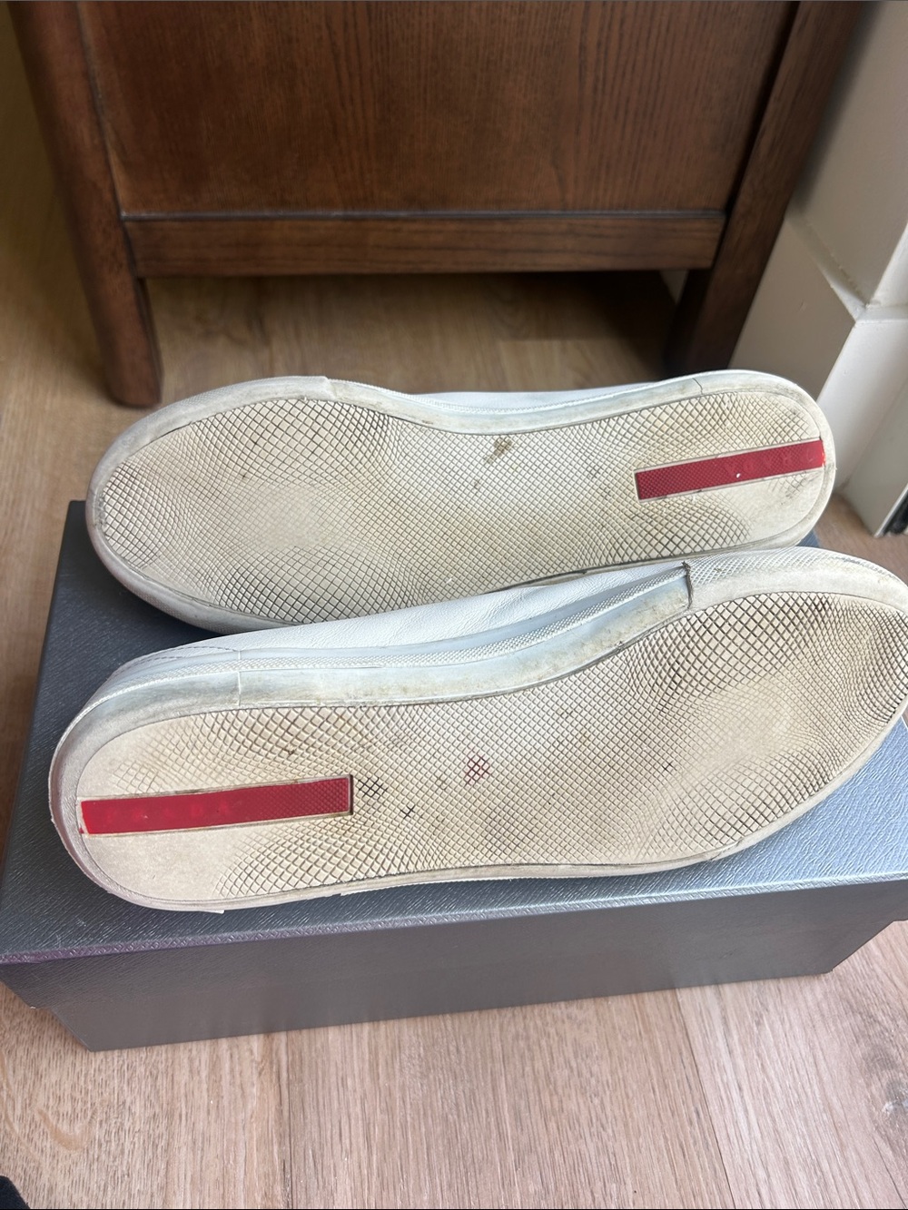 Prada White Leather Sneakers with Red Logo Detail - Picture 10 of 13